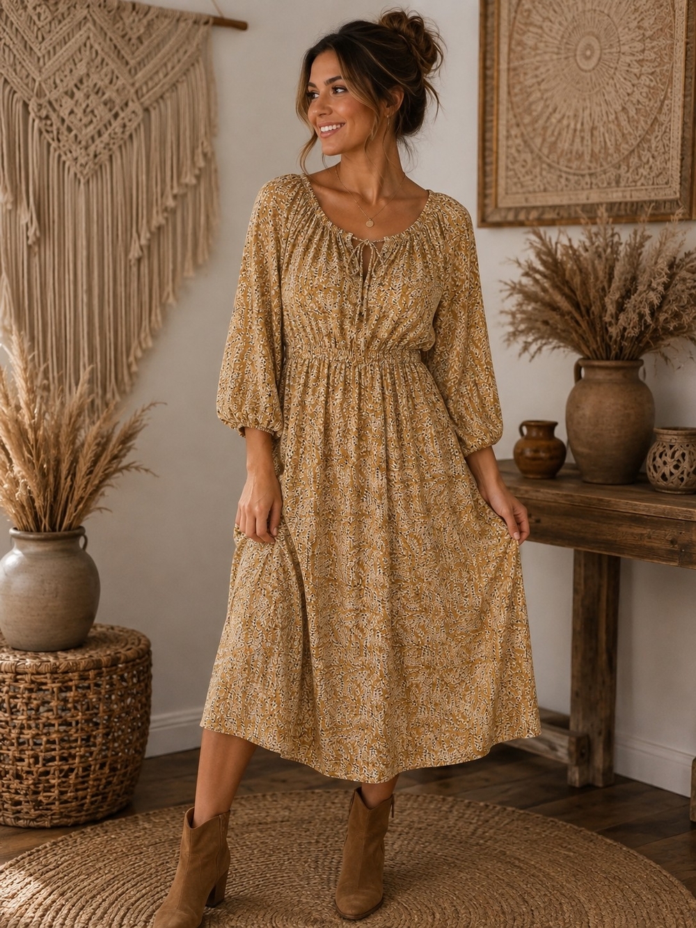 Polagram Mustard Floral Tie-Neck Midi Dress